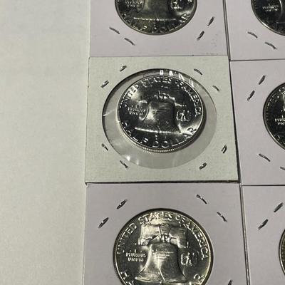 LOT OF (9) CHOICE BU FRANKLIN SILVER HALF DOLLARS (7-1960, & 2-1955) AS PICTURED. FREE DOMESTIC SHIPPING.
