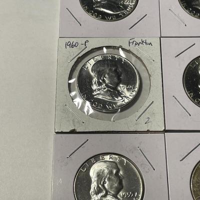 LOT OF (9) CHOICE BU FRANKLIN SILVER HALF DOLLARS (7-1960, & 2-1955) AS PICTURED. FREE DOMESTIC SHIPPING.
