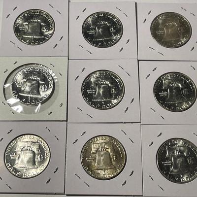 LOT OF (9) CHOICE BU FRANKLIN SILVER HALF DOLLARS (7-1960, & 2-1955) AS PICTURED. FREE DOMESTIC SHIPPING.