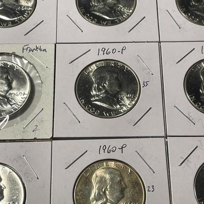 LOT OF (9) CHOICE BU FRANKLIN SILVER HALF DOLLARS (7-1960, & 2-1955) AS PICTURED. FREE DOMESTIC SHIPPING.