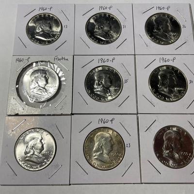 LOT OF (9) CHOICE BU FRANKLIN SILVER HALF DOLLARS (7-1960, & 2-1955) AS PICTURED. FREE DOMESTIC SHIPPING.