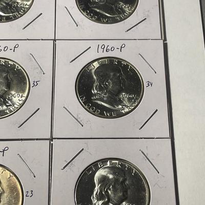 LOT OF (9) CHOICE BU FRANKLIN SILVER HALF DOLLARS (7-1960, & 2-1955) AS PICTURED. FREE DOMESTIC SHIPPING.