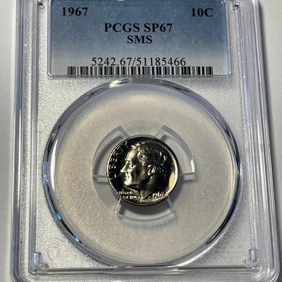 PCGS CERTIFIED 1967 SMS SP67 ROOSEVELT DIME AS PICTURED. FREE DOMESTIC SHIPPING.