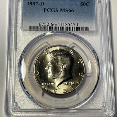 PCGS CERTIFIED 1987-D MS66 KENNEDY HALF DOLLAR AS PICTURED. FREE DOMESTIC SHIPPING.