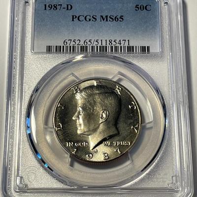 PCGS CERTIFIED 1987-D MS65 KENNEDY HALF DOLLAR AS PICTURED. FREE DOMESTIC SHIPPING.
