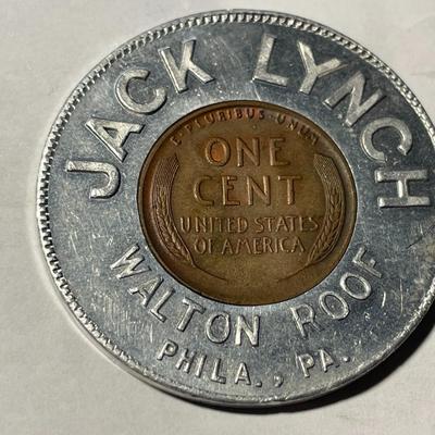 "JACK LYNCH WALTON ROOF PHILADELPHIA, PA." Encased 1945 Penny "BEST WISHES" as Pictured. FREE DOMESTIC SHIPPING.