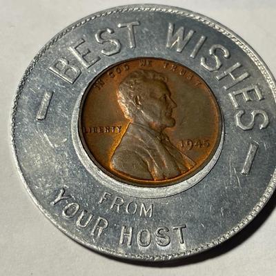 "JACK LYNCH WALTON ROOF PHILADELPHIA, PA." Encased 1945 Penny "BEST WISHES" as Pictured. FREE DOMESTIC SHIPPING.