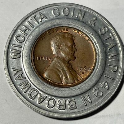 Wichita Coin & Stamp Encased 1964-D Penny "COLLECT COINS FOR FUN & PROFIT" as Pictured. FREE DOMESTIC SHIPPING.