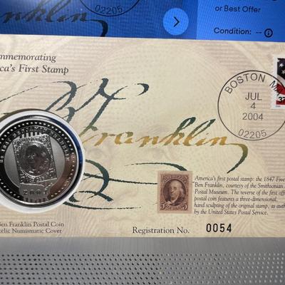 2004 Cook Islands $5.00 Silver/Clad Commemorative Ben Franklin US Postal Service Coin (LOW MINTAGE) as Pictured. FREE DOMESTIC SHIPPING.