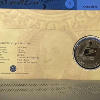 2004 Cook Islands $5.00 Silver/Clad Commemorative Ben Franklin US Postal Service Coin (LOW MINTAGE) as Pictured. FREE DOMESTIC SHIPPING.