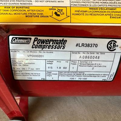 COLEMAN POWERMATE VP201 TWO GALLON COMPRESSOR