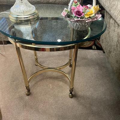 Brass and glass oval end table