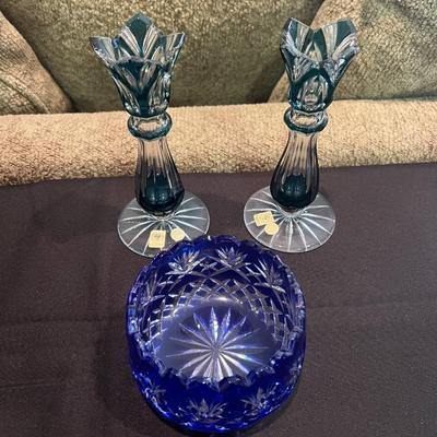 Crystal candleholders and bowl