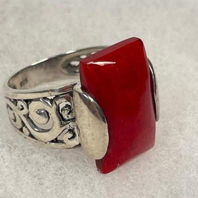 Red Coral and sterling ring size 10