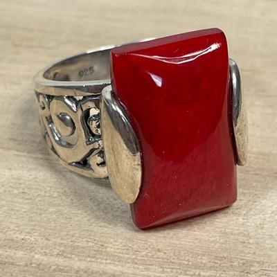 Red Coral and sterling ring size 10