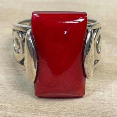 Red Coral and sterling ring size 10