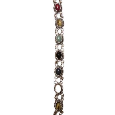 Beauiful Vintage Silver Toned Faux Cabochon Multi Colored Stone Statement Bracelet Size 7 Inches
