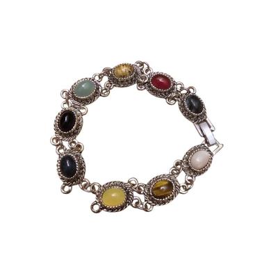 Beauiful Vintage Silver Toned Faux Cabochon Multi Colored Stone Statement Bracelet Size 7 Inches