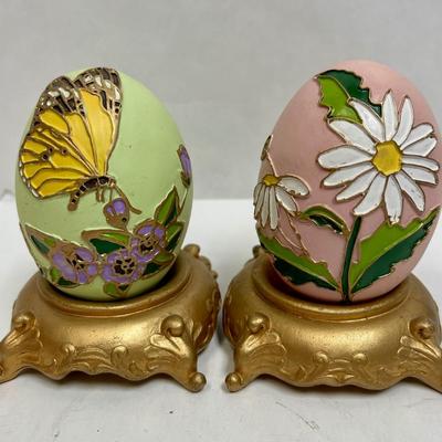 Painted Wood Eggs with Gold Painted Stands Butterfly Daisy Home Decor