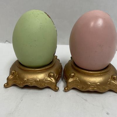 Painted Wood Eggs with Gold Painted Stands Butterfly Daisy Home Decor