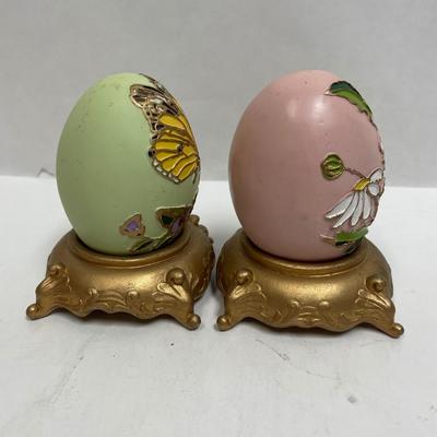 Painted Wood Eggs with Gold Painted Stands Butterfly Daisy Home Decor