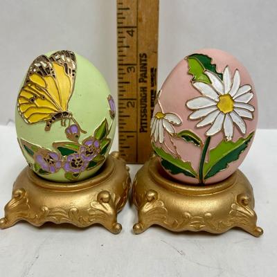 Painted Wood Eggs with Gold Painted Stands Butterfly Daisy Home Decor