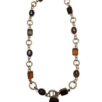Ann Taylor LOFT Brushed Gold Onyx, Amber, Emerald Amethyst Jeweled Long Necklace