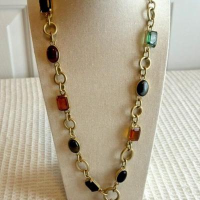 Ann Taylor LOFT Brushed Gold Onyx, Amber, Emerald Amethyst Jeweled Long Necklace