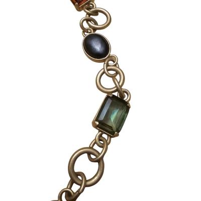 Ann Taylor LOFT Brushed Gold Onyx, Amber, Emerald Amethyst Jeweled Long Necklace