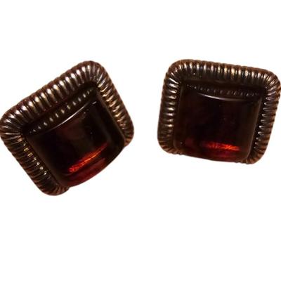 Vintage Red Root Beer Lucite Square Cabochon Gold Tone Swirl Edge Stud Earrings