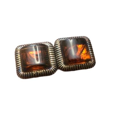 Vintage Red Root Beer Lucite Square Cabochon Gold Tone Swirl Edge Stud Earrings