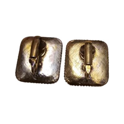 Vintage Red Root Beer Lucite Square Cabochon Gold Tone Swirl Edge Stud Earrings
