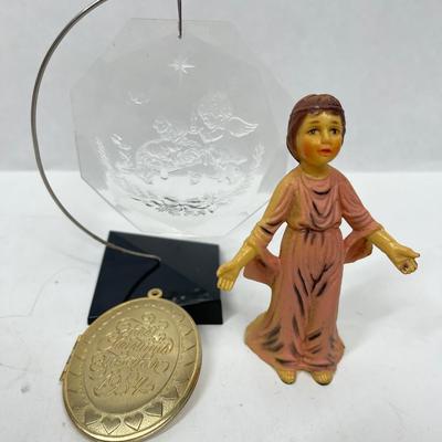 3 pc lot - angel figurine, Christmas Ornament Locket, and Clear Plastic Design with stand