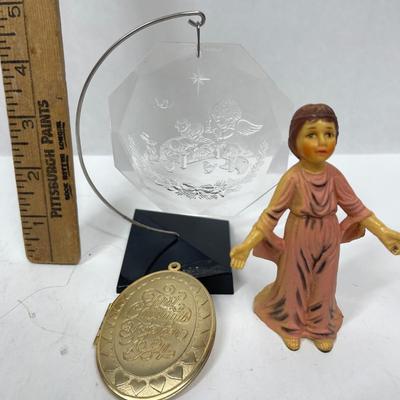 3 pc lot - angel figurine, Christmas Ornament Locket, and Clear Plastic Design with stand