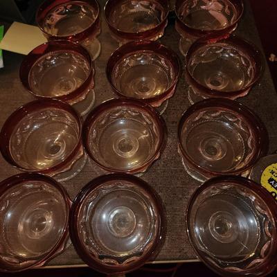 Set of 12 Cranberry glass desert glasses.