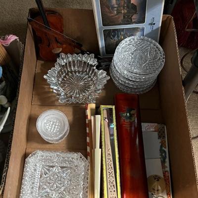 Box of misc glassware and handheld fans