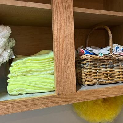 Microfiber rags and basket of gloves