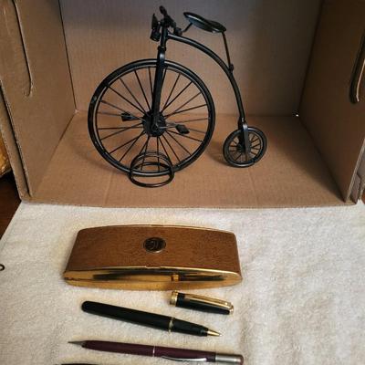 VINTAGE PENS AND PENCIL, PARKER 51 CASE AND METAL DECORATIVE BIKE