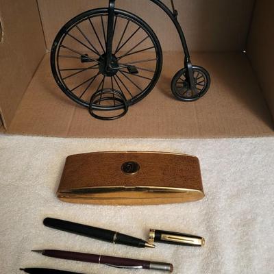 VINTAGE PENS AND PENCIL, PARKER 51 CASE AND METAL DECORATIVE BIKE