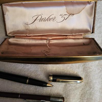 VINTAGE PENS AND PENCIL, PARKER 51 CASE AND METAL DECORATIVE BIKE