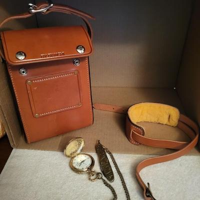 TOOLED LEATHER CASE, POCKET WATCH AND POCKET KNIFE ON A CHAIN