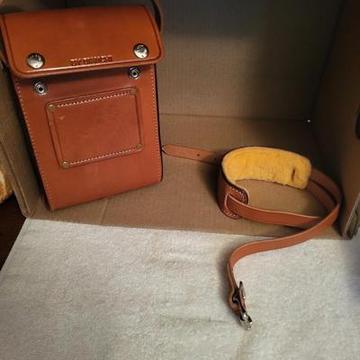 TOOLED LEATHER CASE, POCKET WATCH AND POCKET KNIFE ON A CHAIN