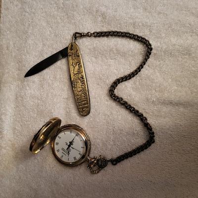 TOOLED LEATHER CASE, POCKET WATCH AND POCKET KNIFE ON A CHAIN