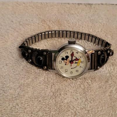 WORKING MICKEY MOUSE WATCH W/PARTIALLY STERLING AND ONYX BAND