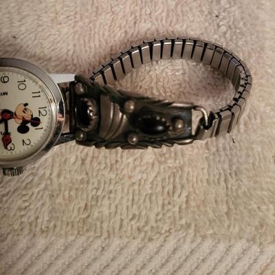 WORKING MICKEY MOUSE WATCH W/PARTIALLY STERLING AND ONYX BAND