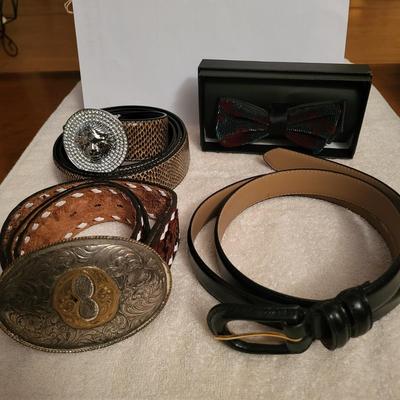 NEW BARABAS BELT AND BOW TIE, LADIES XXL BELT AND WRANGLER LEATHER BELT W/BUCKLE SIZE 32