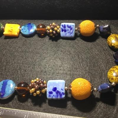 Orange and blue statement beaded necklace