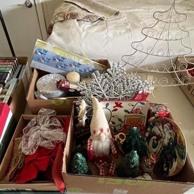 3 boxes of Christmas decor and tree card holder