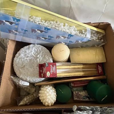 3 boxes of Christmas decor and tree card holder