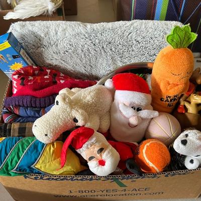 Box of dog toys and blankets